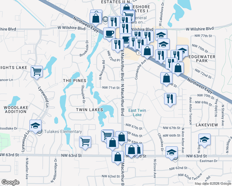 map of restaurants, bars, coffee shops, grocery stores, and more near 7009 Twin Lakes Circle in Warr Acres