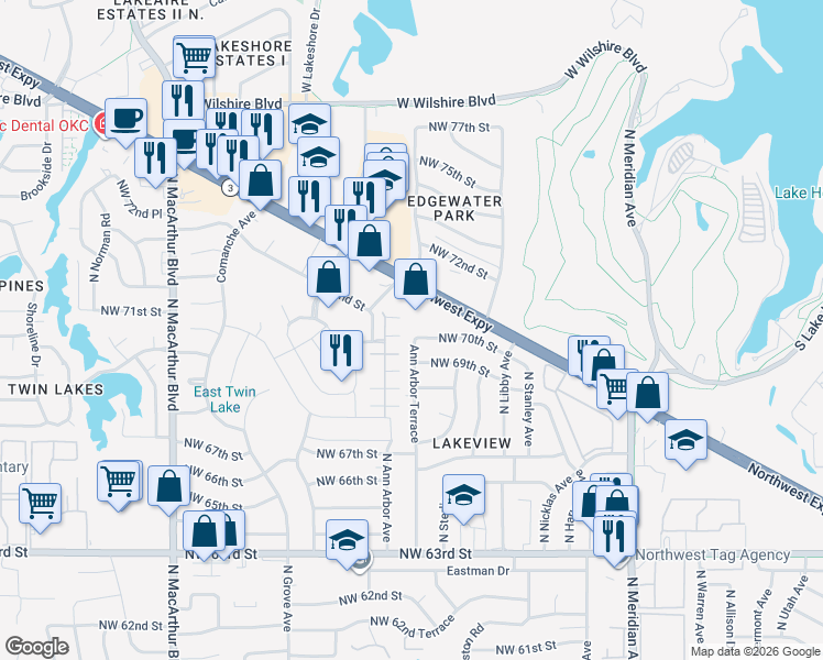 map of restaurants, bars, coffee shops, grocery stores, and more near 4825 Northwest 70th Street in Oklahoma City