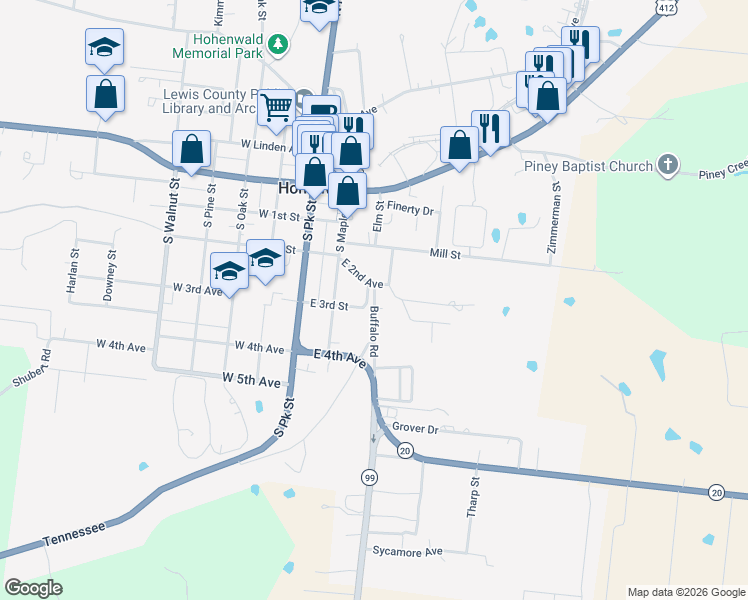 map of restaurants, bars, coffee shops, grocery stores, and more near 206 Vine in Hohenwald