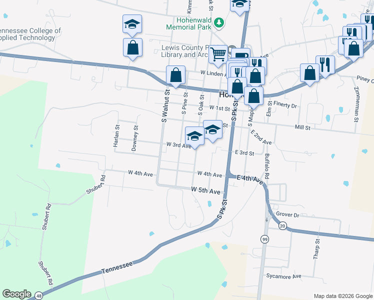 map of restaurants, bars, coffee shops, grocery stores, and more near 208 West 3rd Avenue in Hohenwald