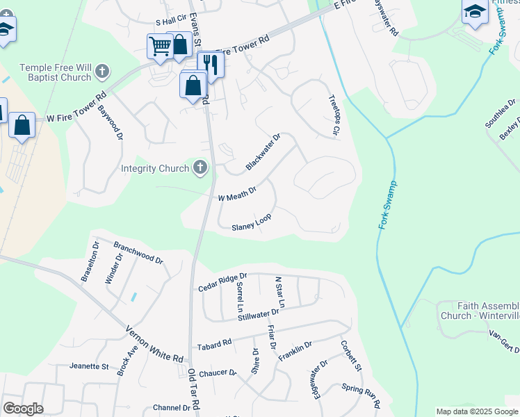 map of restaurants, bars, coffee shops, grocery stores, and more near 4407 Liffey Way in Winterville