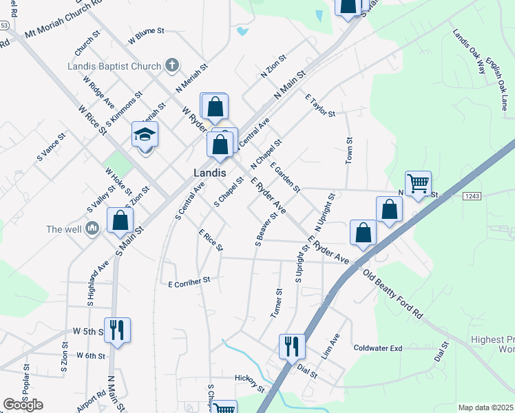 map of restaurants, bars, coffee shops, grocery stores, and more near 111 South Correll Street in China Grove