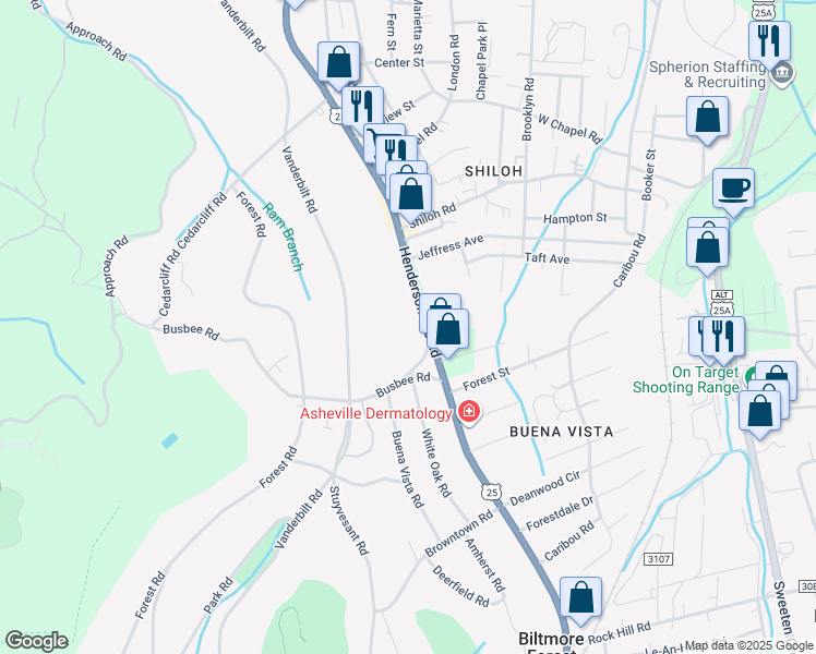 map of restaurants, bars, coffee shops, grocery stores, and more near 795 Hendersonville Road in Biltmore Forest