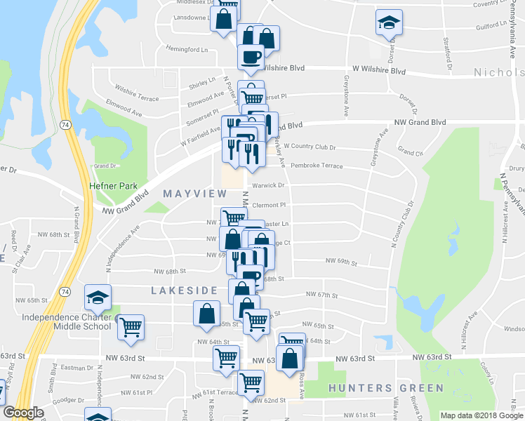 map of restaurants, bars, coffee shops, grocery stores, and more near 2828 Clermont Place in Oklahoma City