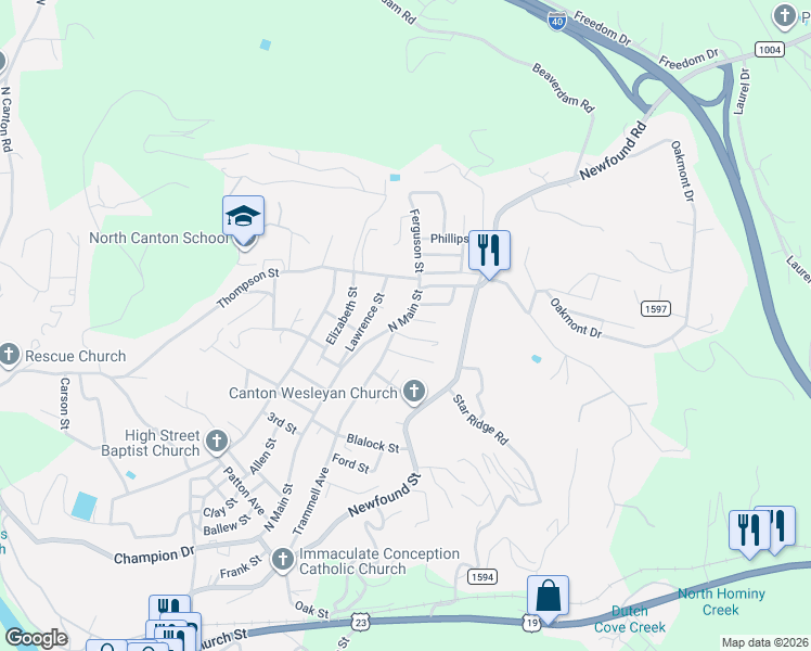 map of restaurants, bars, coffee shops, grocery stores, and more near 126 North Main Street in Canton