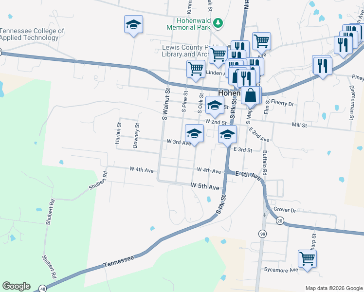 map of restaurants, bars, coffee shops, grocery stores, and more near 208 West 3rd Avenue in Hohenwald