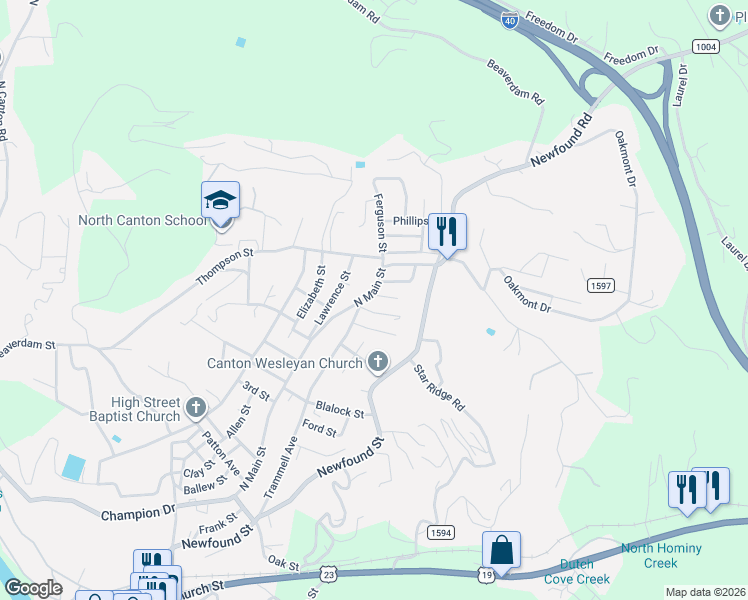 map of restaurants, bars, coffee shops, grocery stores, and more near 126 North Main Street in Canton