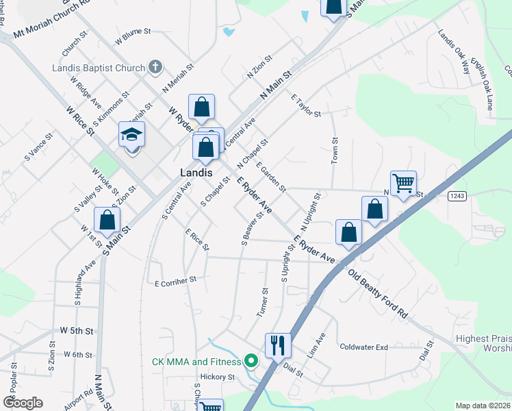 map of restaurants, bars, coffee shops, grocery stores, and more near 408 E Ryder Ave in Landis