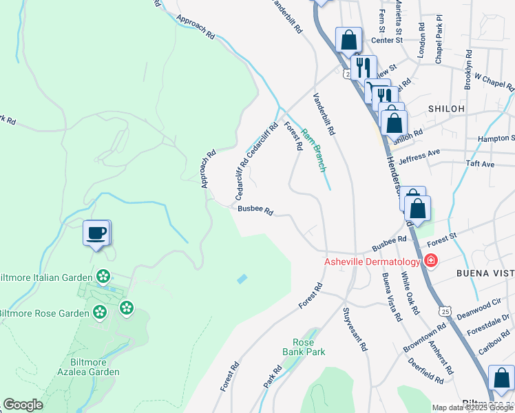 map of restaurants, bars, coffee shops, grocery stores, and more near 33 Busbee Road in Biltmore Forest