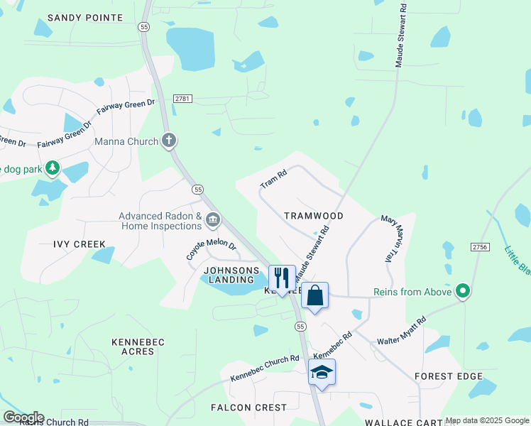 map of restaurants, bars, coffee shops, grocery stores, and more near 2921 Tram Road in Fuquay-Varina