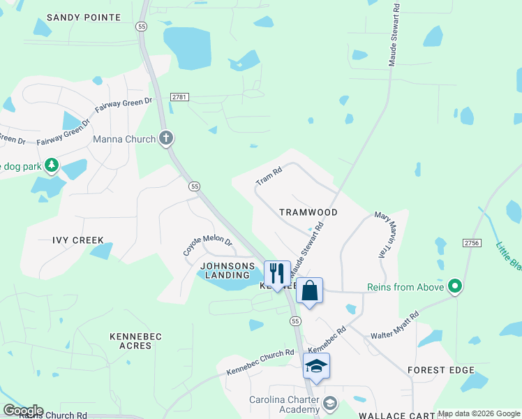 map of restaurants, bars, coffee shops, grocery stores, and more near 2921 Tram Road in Fuquay-Varina