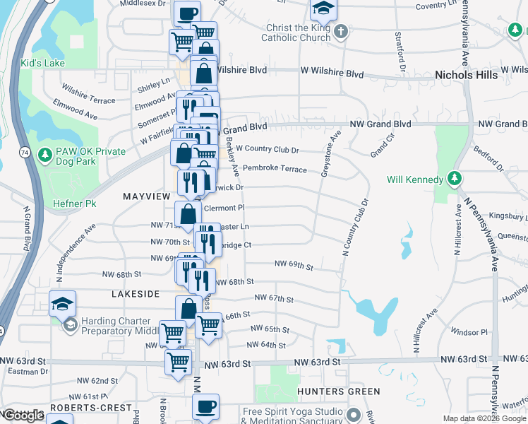 map of restaurants, bars, coffee shops, grocery stores, and more near 2740 Clermont Place in Oklahoma City