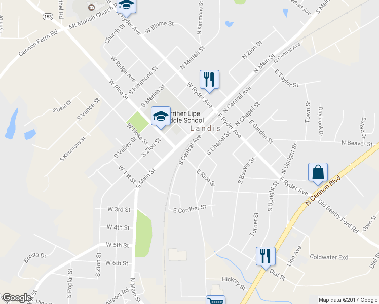 map of restaurants, bars, coffee shops, grocery stores, and more near 311 South Central Avenue in Landis