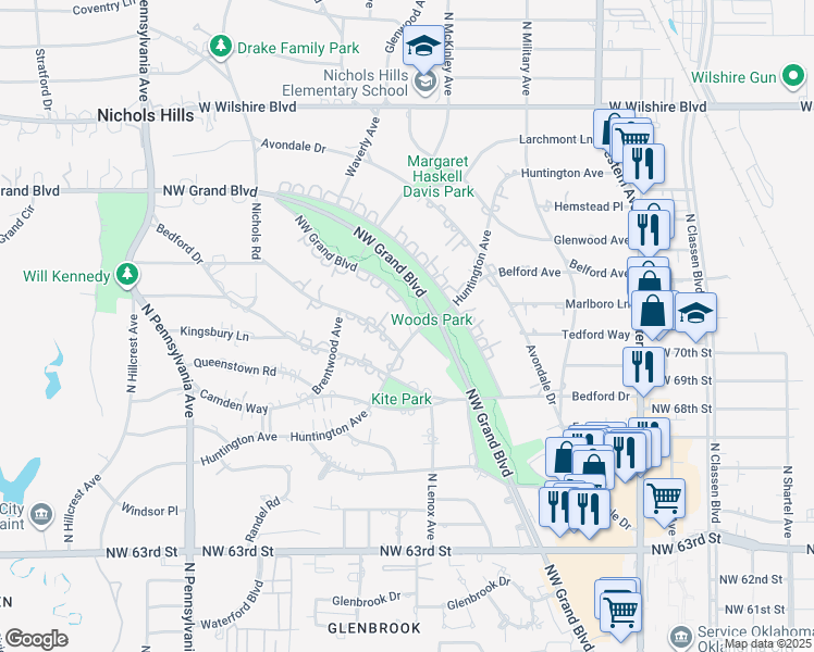 map of restaurants, bars, coffee shops, grocery stores, and more near 6700 Northwest Grand Boulevard in Nichols Hills