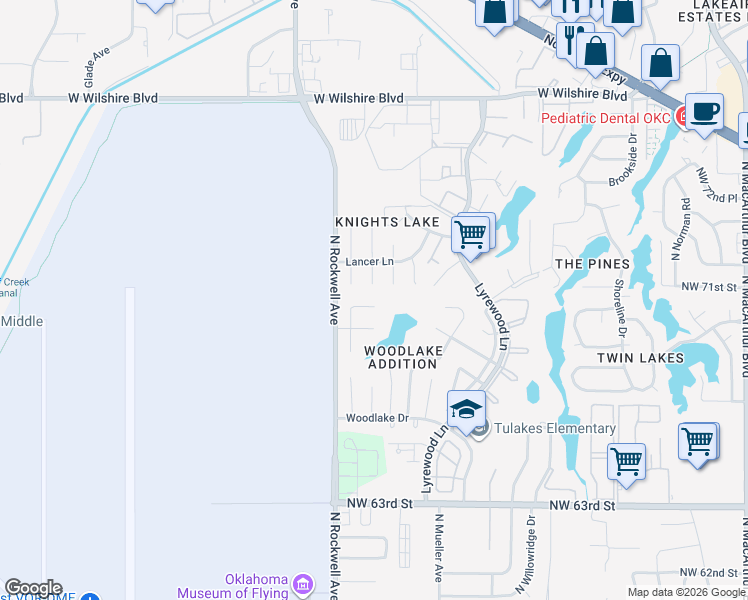 map of restaurants, bars, coffee shops, grocery stores, and more near 7137 Woodridge Ave in Oklahoma City