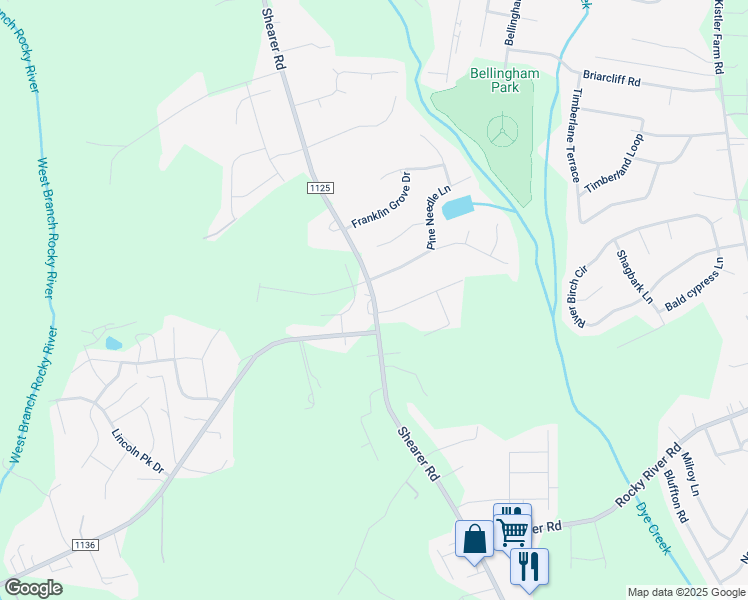 map of restaurants, bars, coffee shops, grocery stores, and more near Shearer Road in Mooresville