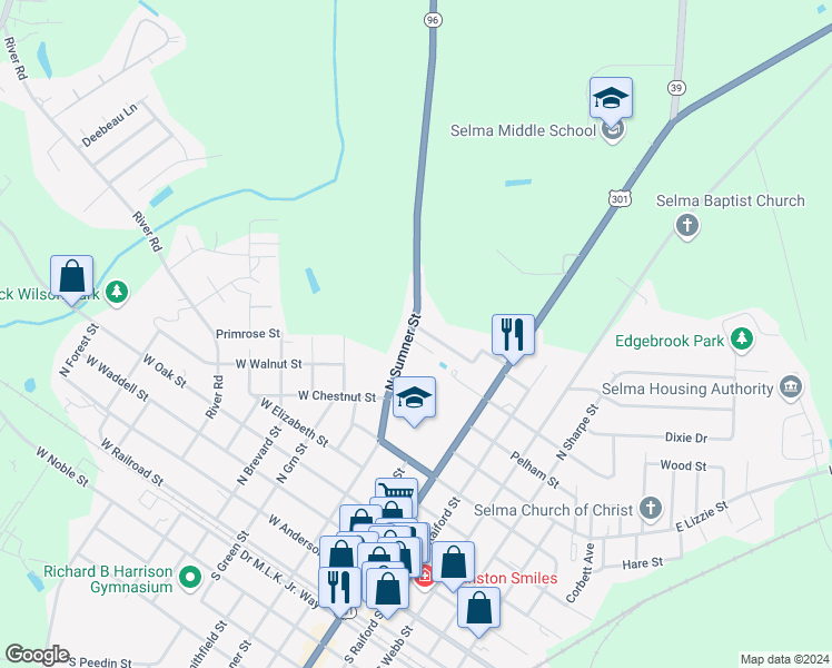 map of restaurants, bars, coffee shops, grocery stores, and more near 407 Poole Drive in Selma