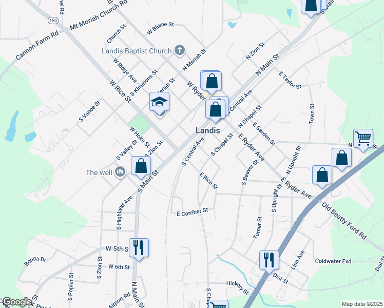 map of restaurants, bars, coffee shops, grocery stores, and more near 311 South Central Avenue in Landis