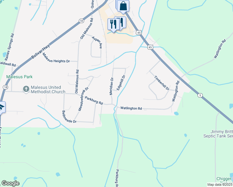 map of restaurants, bars, coffee shops, grocery stores, and more near 18 Edgehill Dr in Jackson