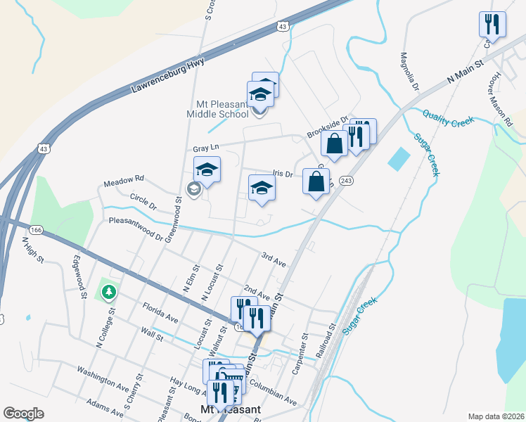 map of restaurants, bars, coffee shops, grocery stores, and more near 600 North Locust Street in Mount Pleasant
