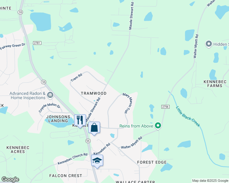 map of restaurants, bars, coffee shops, grocery stores, and more near 2517 Mary Marvin Trail in Fuquay-Varina