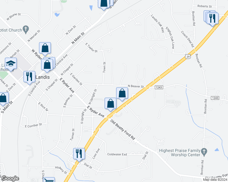 map of restaurants, bars, coffee shops, grocery stores, and more near 326 North Beaver Street in Landis