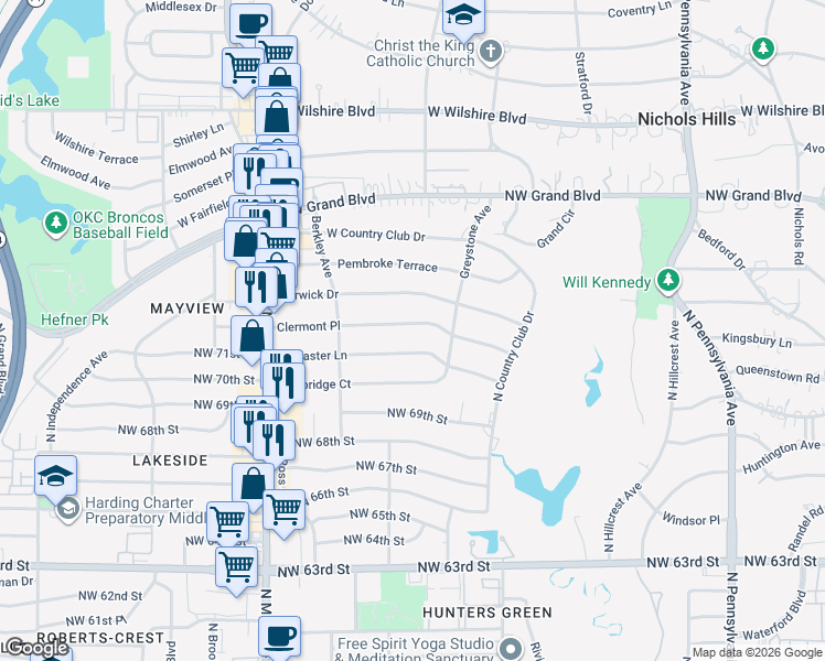 map of restaurants, bars, coffee shops, grocery stores, and more near 2708 Clermont Place in Oklahoma City