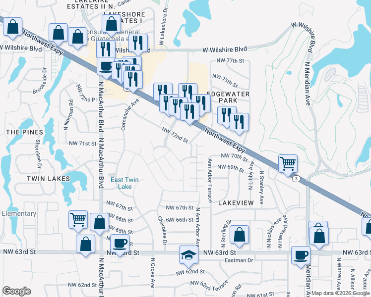 map of restaurants, bars, coffee shops, grocery stores, and more near 5550 Northwest 72nd Street in Warr Acres