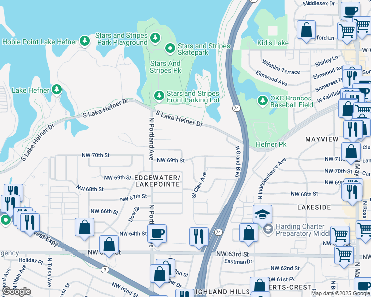 map of restaurants, bars, coffee shops, grocery stores, and more near 3600 Northwest 70th Street in Oklahoma City