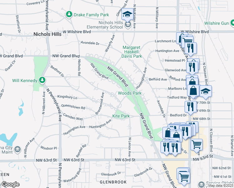 map of restaurants, bars, coffee shops, grocery stores, and more near 6700 Northwest Grand Boulevard in Nichols Hills