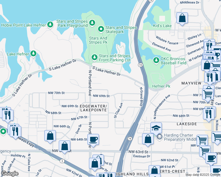 map of restaurants, bars, coffee shops, grocery stores, and more near 3600 Northwest 70th Street in Oklahoma City