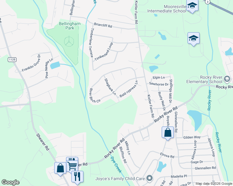 map of restaurants, bars, coffee shops, grocery stores, and more near 171 River Birch Circle in Mooresville