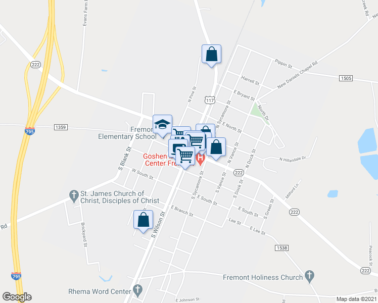 map of restaurants, bars, coffee shops, grocery stores, and more near North Carolina 222 in Fremont