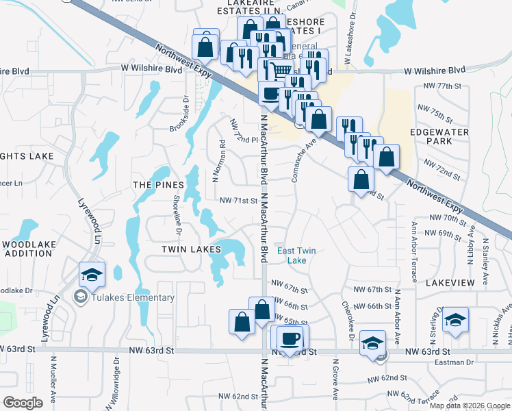 map of restaurants, bars, coffee shops, grocery stores, and more near 7009 Twin Lakes Circle in Warr Acres