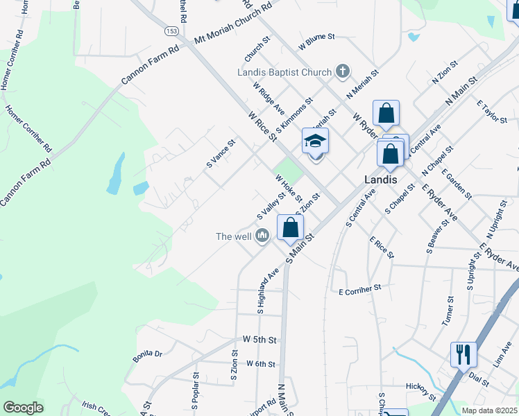 map of restaurants, bars, coffee shops, grocery stores, and more near 514 South Valley Street in Landis
