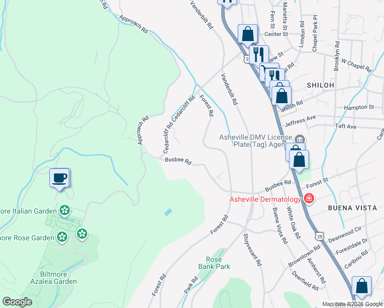 map of restaurants, bars, coffee shops, grocery stores, and more near 33 Busbee Road in Biltmore Forest