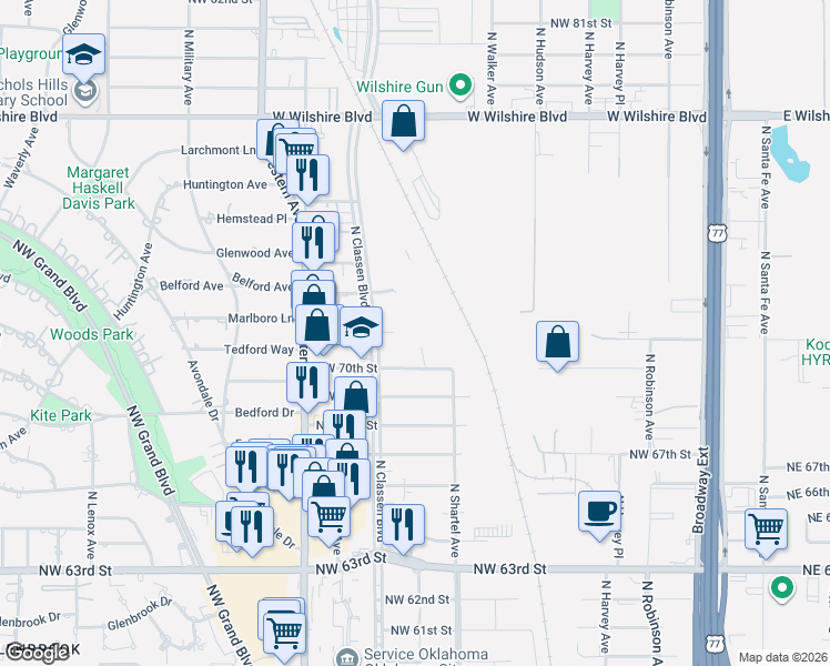 map of restaurants, bars, coffee shops, grocery stores, and more near 7100 North Classen Boulevard in Oklahoma City