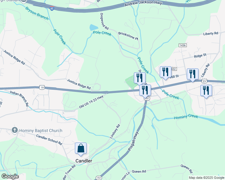 map of restaurants, bars, coffee shops, grocery stores, and more near 1575 Smokey Park Highway in Candler