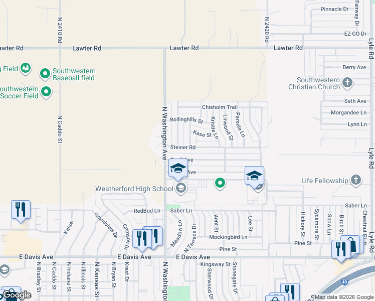 map of restaurants, bars, coffee shops, grocery stores, and more near 1313 Quail Avenue in Weatherford