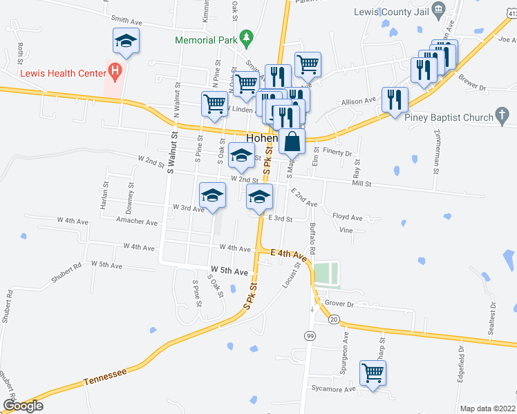 map of restaurants, bars, coffee shops, grocery stores, and more near 212 South Park Avenue in Hohenwald