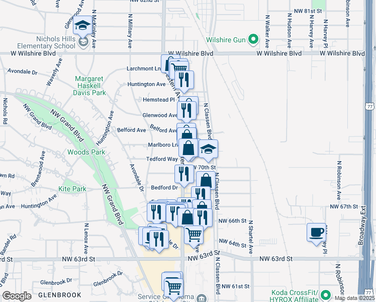 map of restaurants, bars, coffee shops, grocery stores, and more near 571 Tedford Way in Nichols Hills