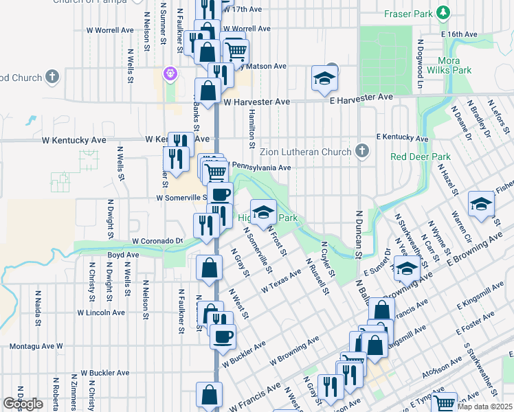map of restaurants, bars, coffee shops, grocery stores, and more near 1099 North Frost Street in Pampa