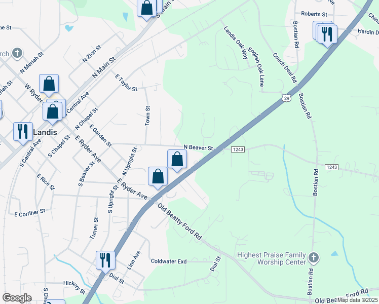 map of restaurants, bars, coffee shops, grocery stores, and more near 412 North Beaver Street in Landis