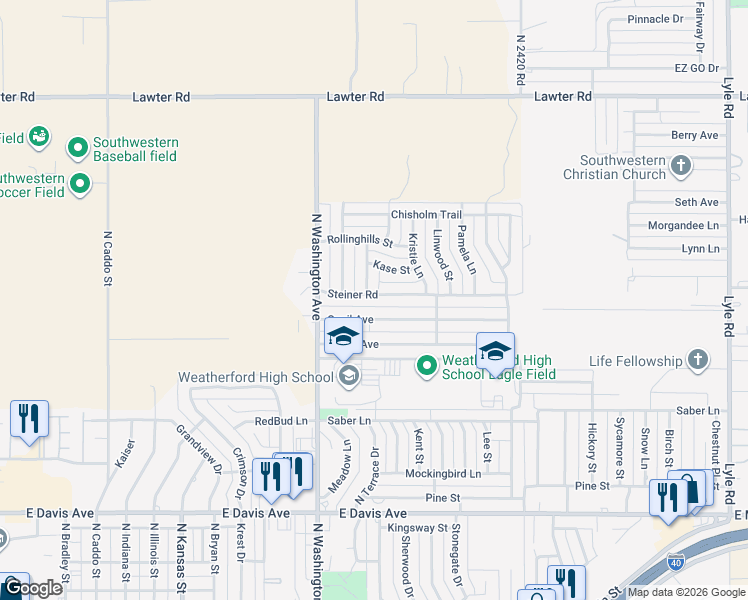 map of restaurants, bars, coffee shops, grocery stores, and more near 1409 Quail Avenue in Weatherford