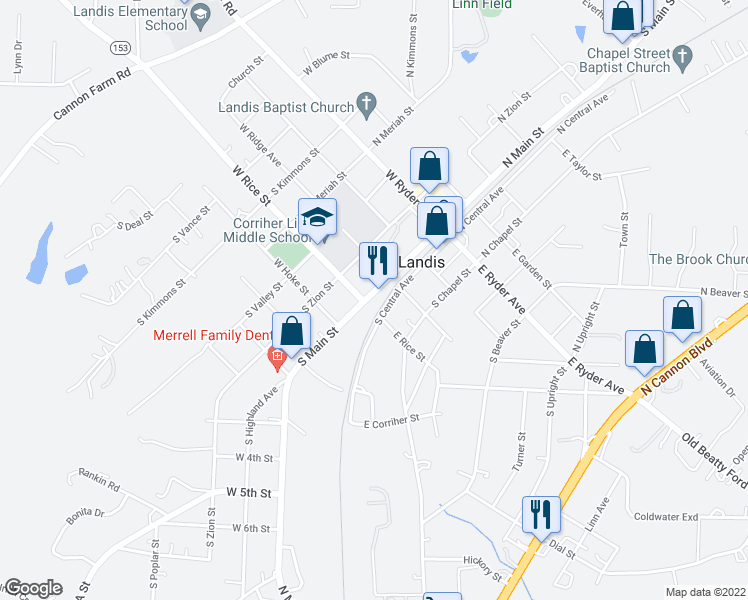 map of restaurants, bars, coffee shops, grocery stores, and more near 315 South Main Street in Landis