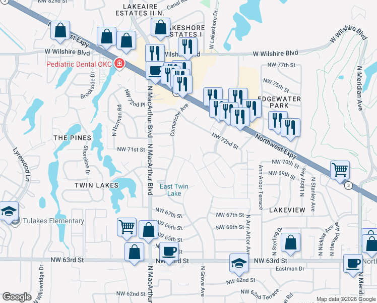 map of restaurants, bars, coffee shops, grocery stores, and more near 7074 Hidden Trail Lane in Warr Acres