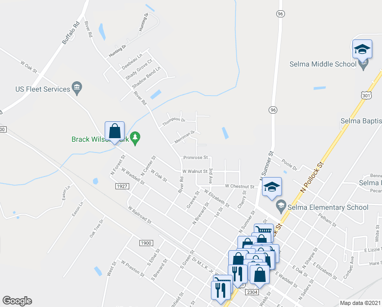 map of restaurants, bars, coffee shops, grocery stores, and more near 804 Primrose Street in Selma