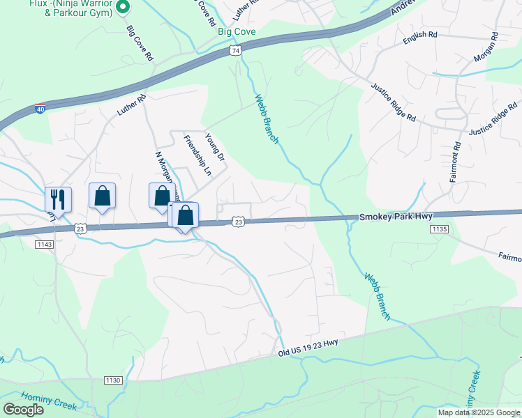 map of restaurants, bars, coffee shops, grocery stores, and more near 2189 Smokey Park Highway in Candler