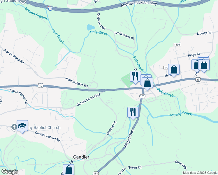 map of restaurants, bars, coffee shops, grocery stores, and more near 1575 Smokey Park Highway in Candler