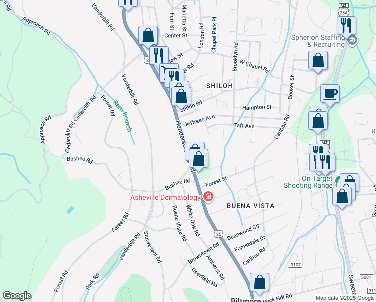 map of restaurants, bars, coffee shops, grocery stores, and more near in Asheville